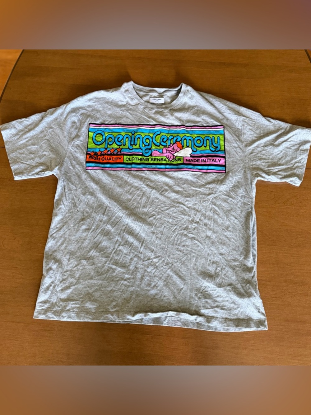 Opening Ceremony Gray Tee with Neon Blue Pink and Green Graphic